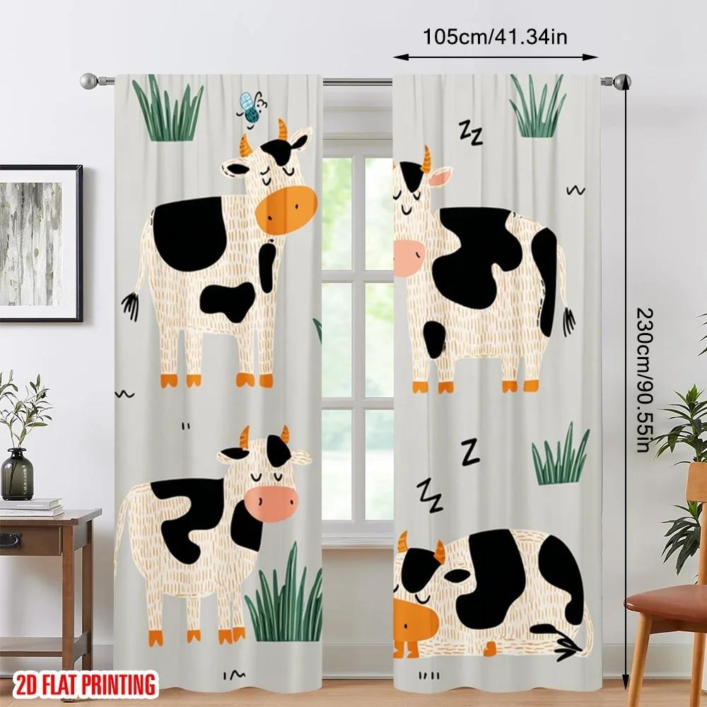 Set Of 2 Cartoonish Cow Pattern Curtains Polyester Kids Room Window Decor Farmhouse Blackout Made Playroom Treatment