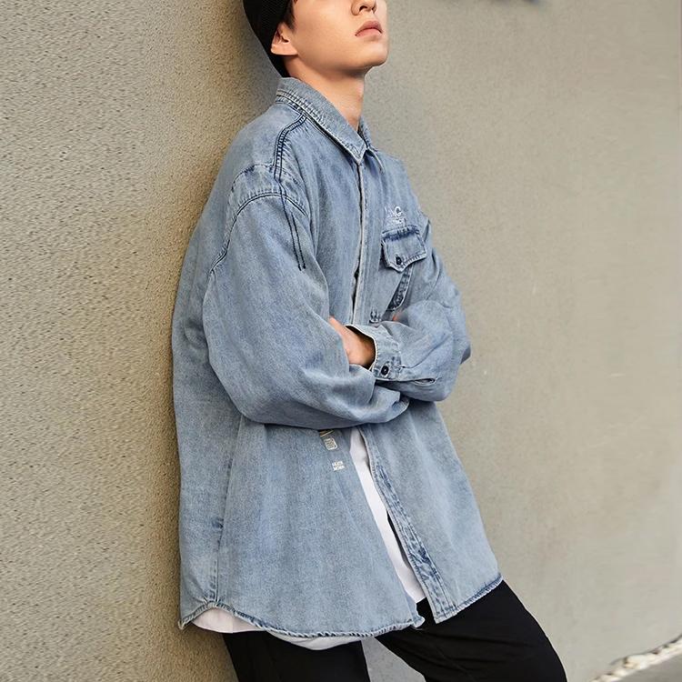 Li-Ning Skateboard Series Logo Embroidered Washed Denim Shirt Men Tops Light-Blue ASHS011-1