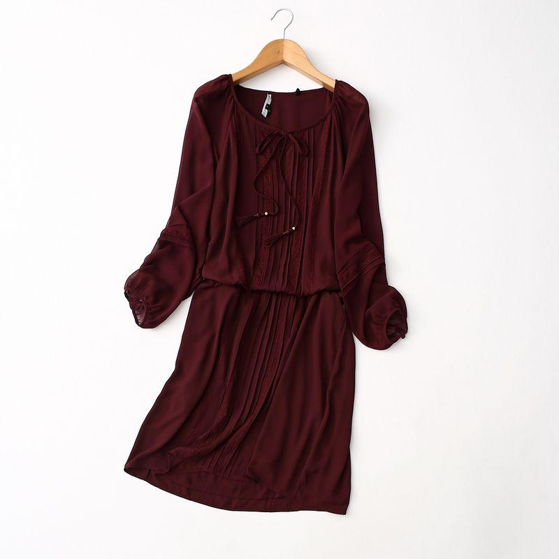 

Export Export Elegant Elegance Neckline Self-Tie Lace Crocheted Waist Slim Looking French Style Long Sleeve Chiffon Dress Wine Red M