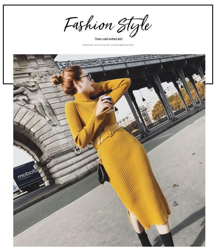 Autumn/Winter 2025 High-Neck Knit Wool Split Dress