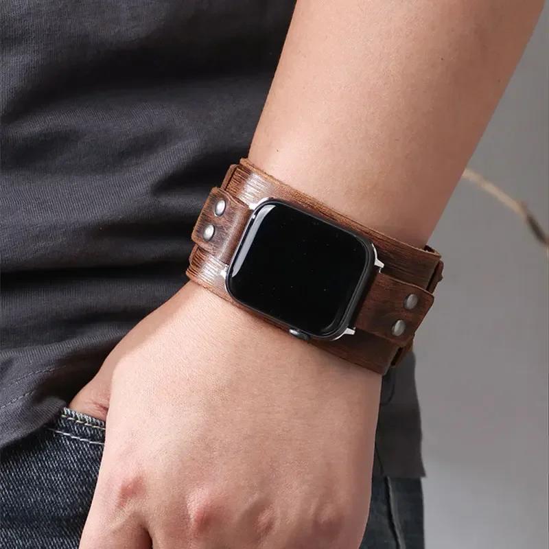 Genuine Leather Band For Apple Watch Ultra 2 49mm Strap 45mm 44mm 46mm Double Metal Buckle bracelet iWatch series 10 9 8 7 6 SE