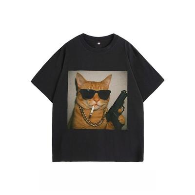 American Style Fashion New Funny Gangster Cat Print Mens and Womens Short Sleeve Loose Large Size Crew Neck TShirt