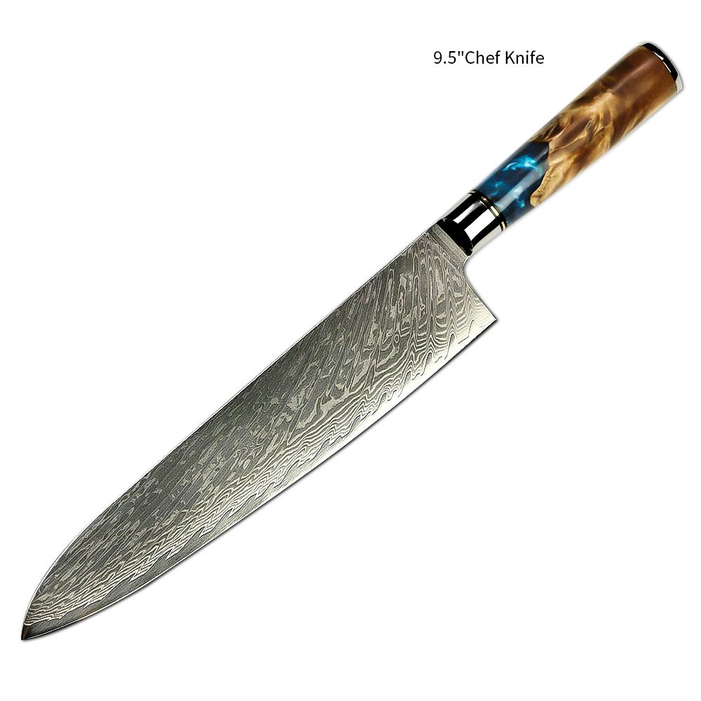 Amber Hot Selling 67-Layer Damascus Steel Kitchen Chef Knife Set Super Sharp Blade 10Cr15CoMoV Core with Resin & Wood Handle