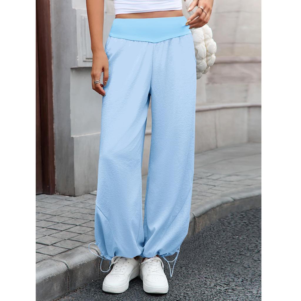 Pantaloni da Donna Elasticizzati a Vita Alta Vestibilità Casual Gamba Larga Lunghi Pantaloni con Tasche