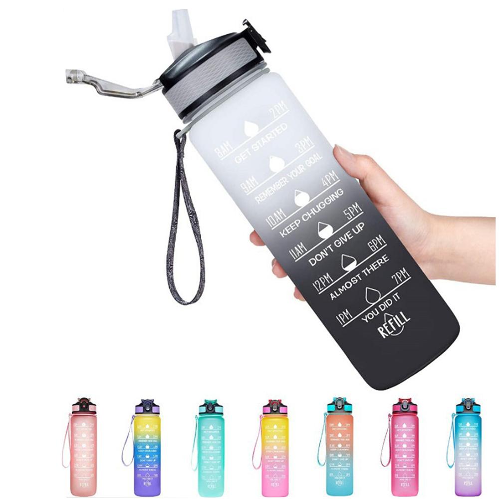 

1L Water Bottle With Straw Large Capacity Cup With Hand Strap For Riding Leak Proof Drinking Outdoor Portable Gym Fitness Jugs чёрный