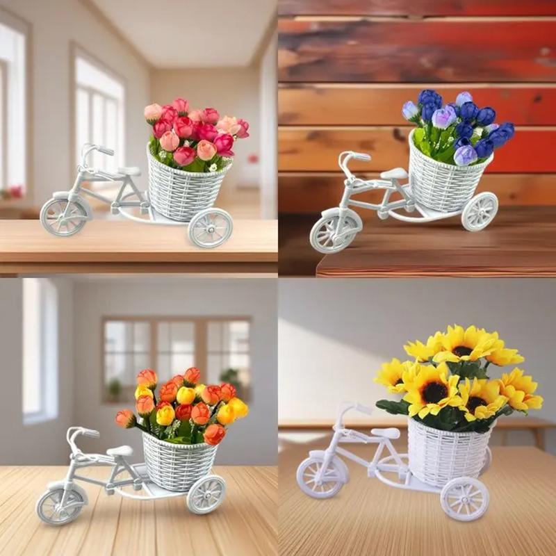 Dekoracje Kwiatowe Symulacyjne Kosz Kwiatowy Rattanowy Model Trójkołowy Rowerowy Dom Ogród Dekoracja na Wesele Romantyczna i Urocza