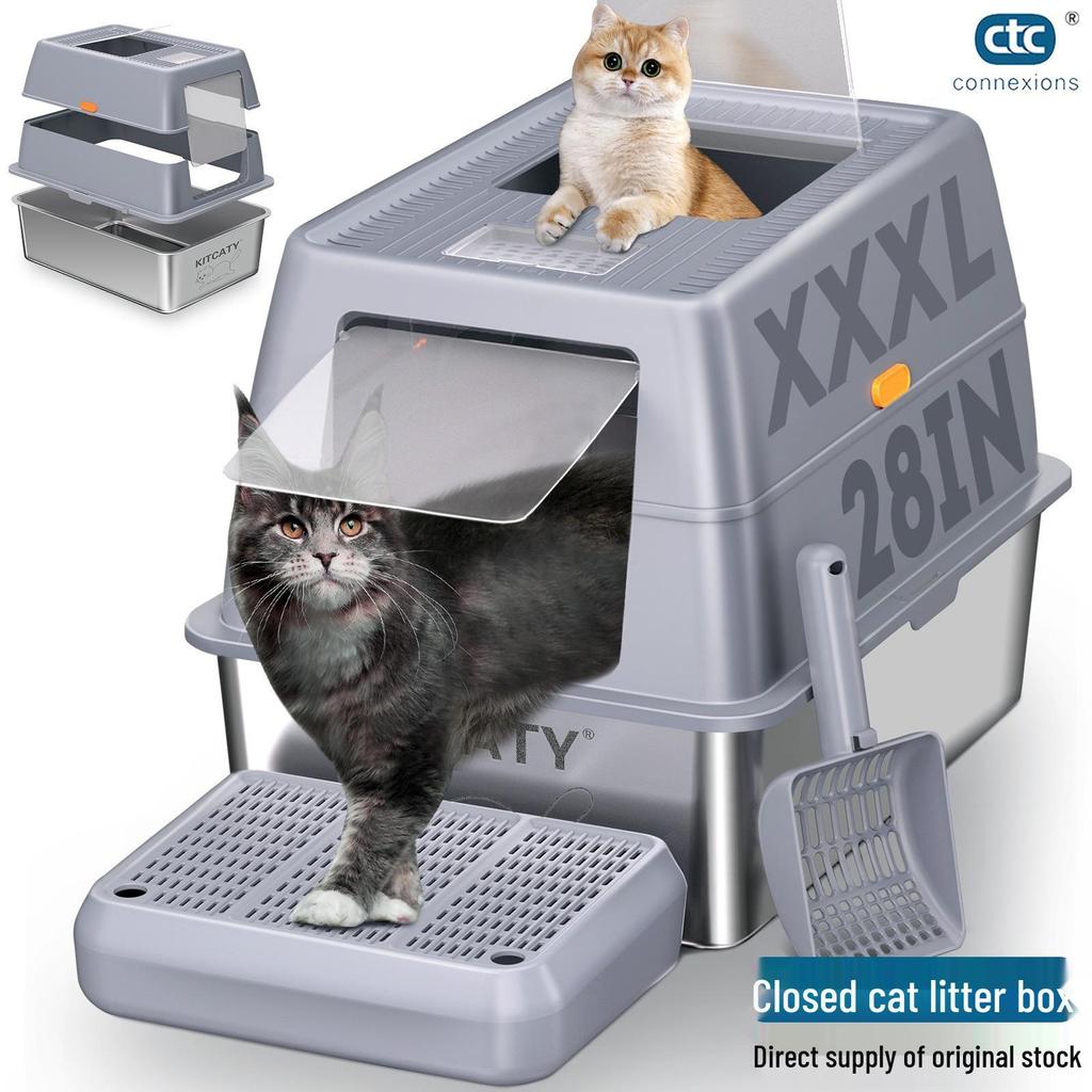 Large Easy-Clean Stainless Steel Cat Litter Box - Anti-Splash and Leak-Proof Enclosure