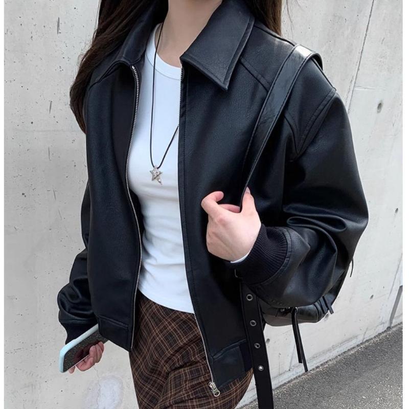 Leather Jacket Women's New Loose High-grade Zipper Short Retro Motorcycle Top