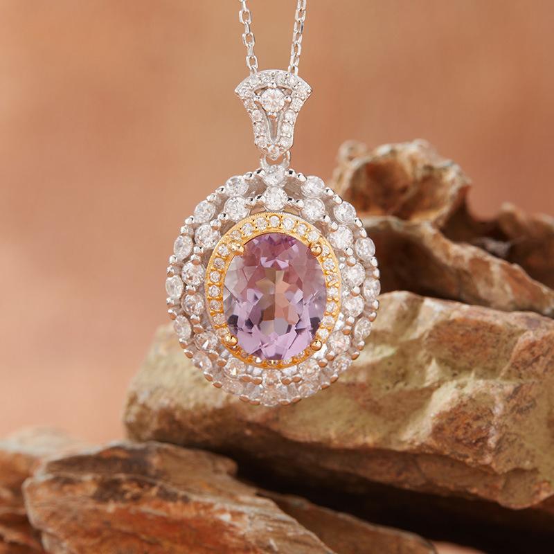Natural Topaz Amethyst Citrine Necklace Women'S S925 Sterling Silver Jewelry Retro Hollow