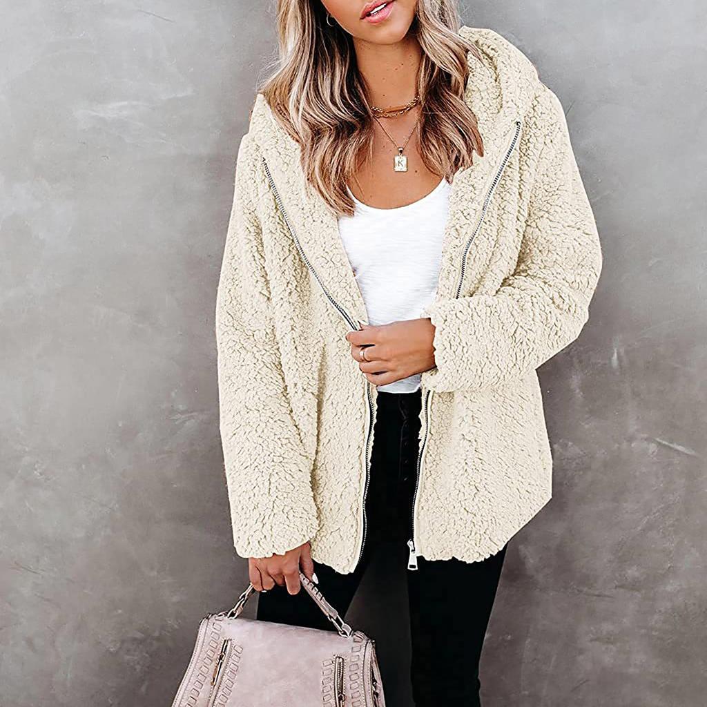Dámská zimní ležérní móda Jednobarevná plyšová bunda s dlouhým rukávem