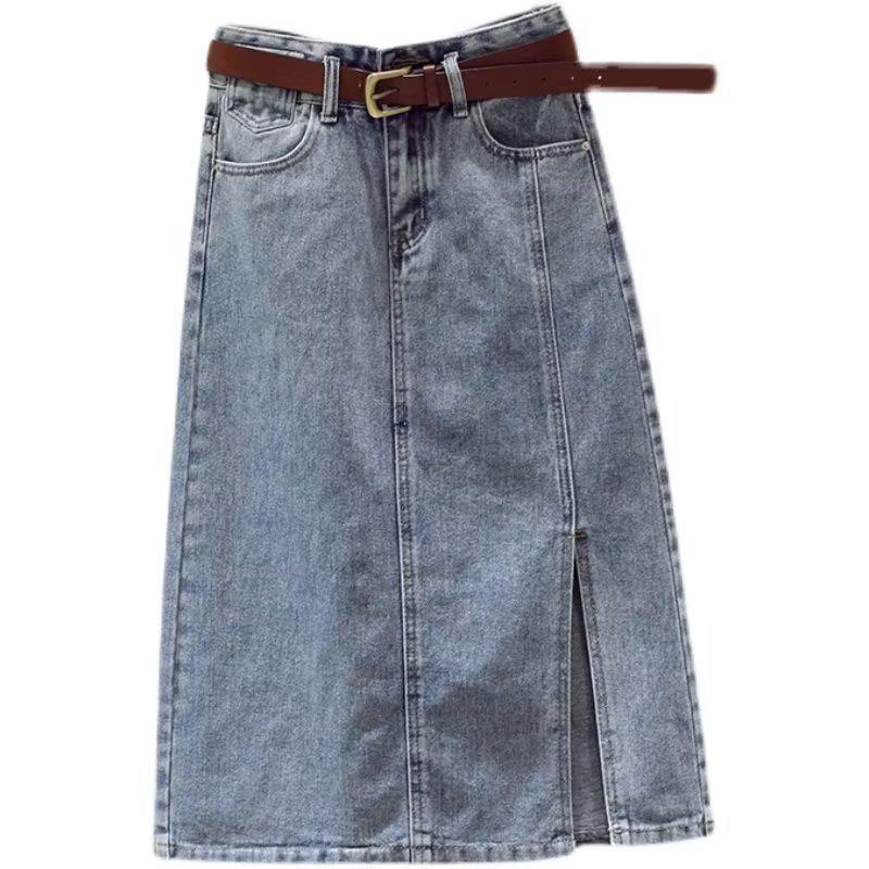Damen Denim Midi Rock: Frühling/Herbst 2024 A-Linie mit Schlitz, Mittellang Schlankmachendes Design