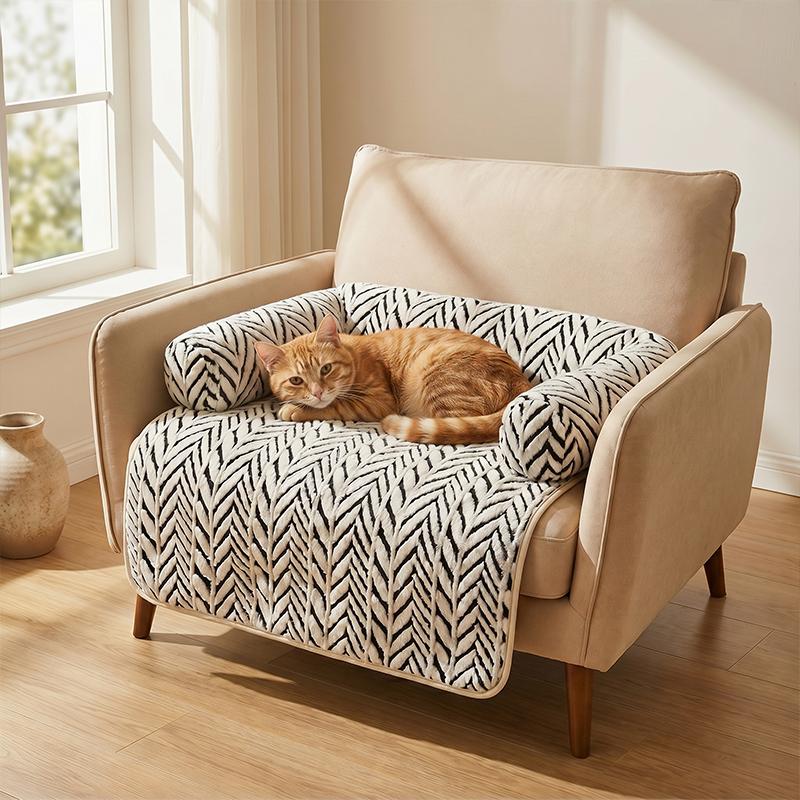 Pet Sofa Bed Mat with Side Bolsters Soft Fluffy Couch Protector Mat Anti-slip Dog Cat Bed Sleeping Cushion for Small Medium Pets