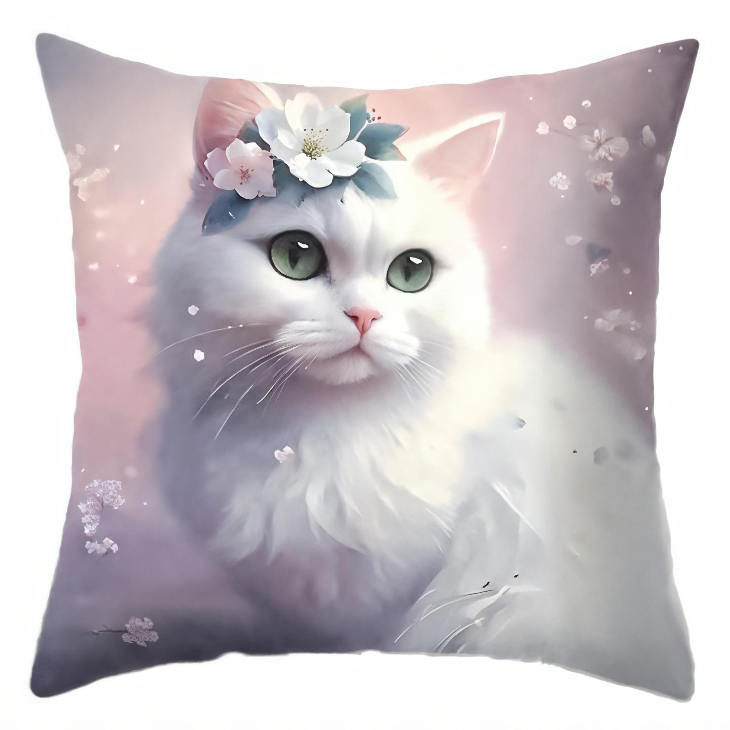 Funda De Almohada Con Estampado De Flores Y Gatos, Funda De Almohada De Lino Hecha Con Bonito Gatito Y Flores, Decoracin Del Peach skin 18*18(CM)-1Pcs