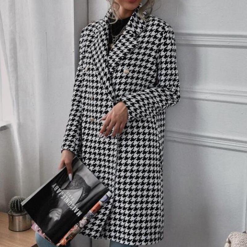 Women's Houndstooth Print Mid-Length Wool Coat - Autumn/Winter Collection