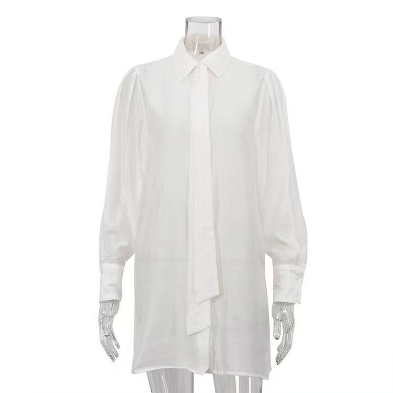 

Fashion See-through Sunscreen Shirt Long Sleeves Loose Cardigan with Tie Shirt Sexy Perspective Shirt White S