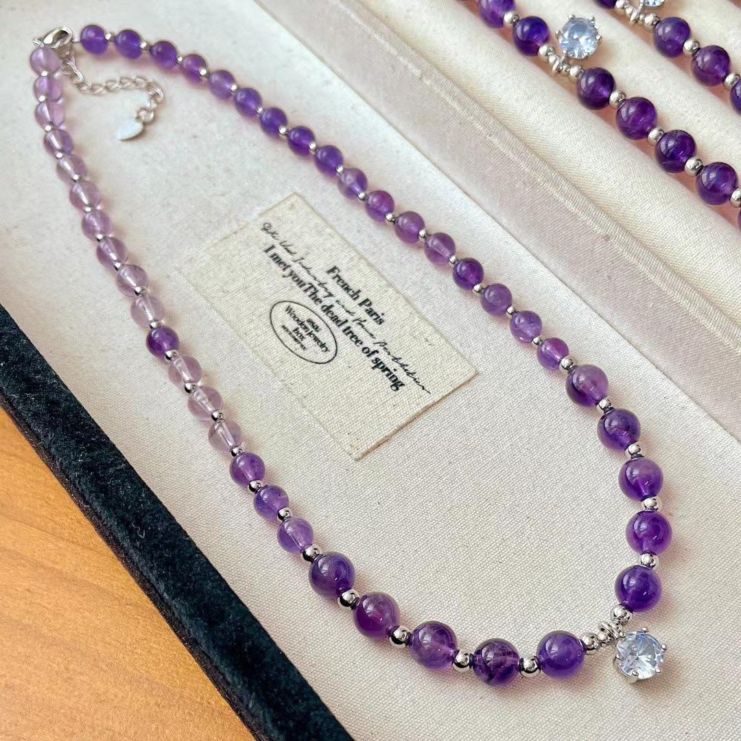 Retro Autumn And Winter Atmosphere Natural Posture Light Purple Amethyst Contrasting Color Simulation Diamond Pendant Necklace
