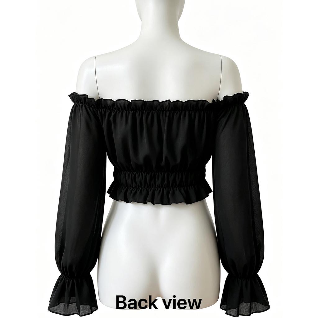 Fashion Women Ruffle Off Shoulder Crop Blouse Long Puff Sleeve Slim Ruched Hem Casual Clubwear Top