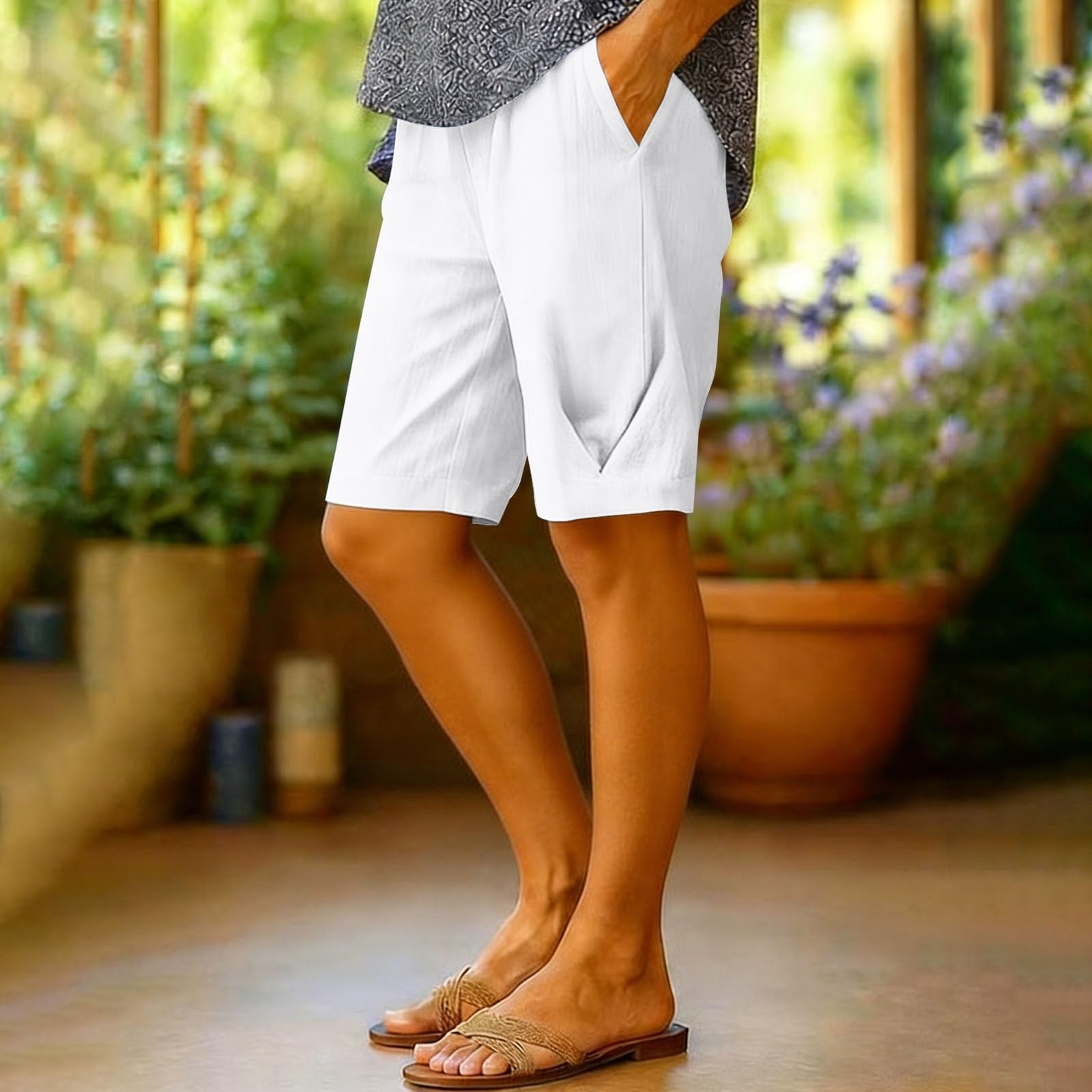 Women s Fashionable Loose-Fit Straight-Leg Shorts: Casual Cotton Wide-Leg Cropped Shorts With Elastic Waistband M белый
