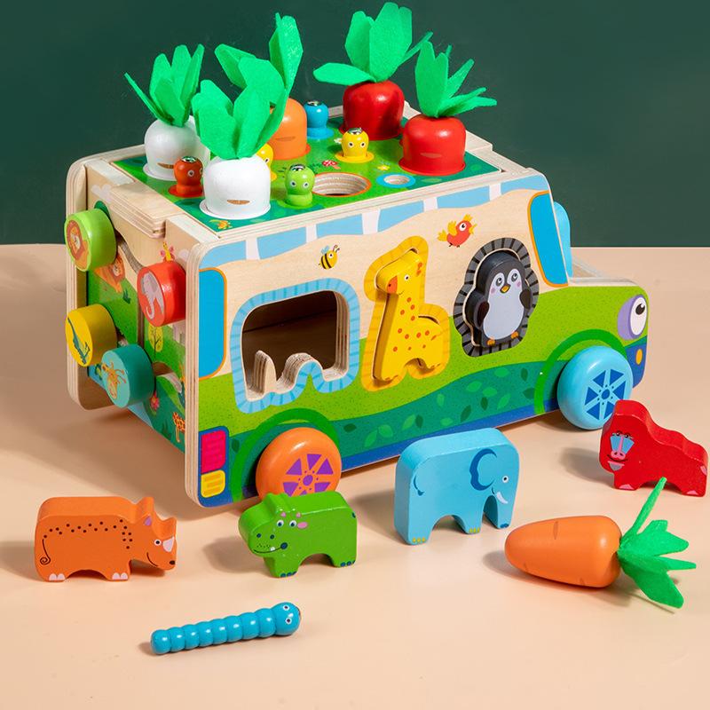 Children s wooden multi-functional early childhood education cart pulling radish catching insects shape matching game puzzle building block toy