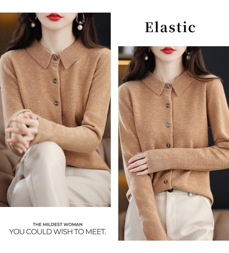 Women's Long Sleeve Pure Wool Knit Cardigan with Polo Collar - Autumn/Winter Edition