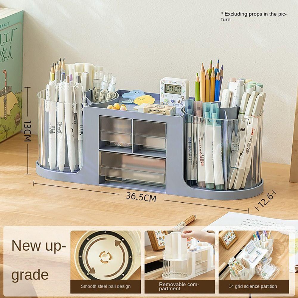 Double Rotation Drawer Pen Holder Desk Stationery Storage Pencil Container Students