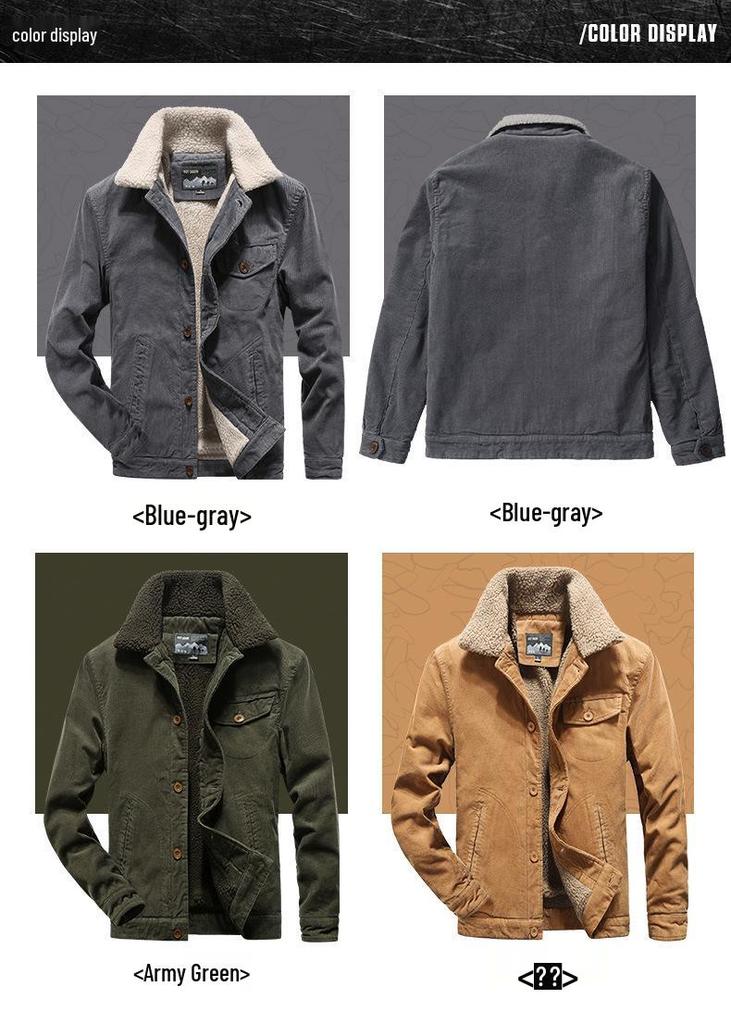 Men's Warm Corduroy Workwear Jacket, Plus Velvet Thickened, Winter Dad's Coat