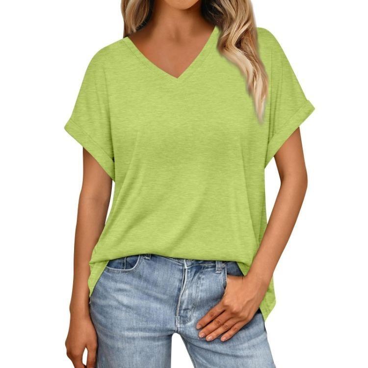 Damen Sommer V-Ausschnitt T-Shirt Locker Kurzarm Einfarbig Mode Top