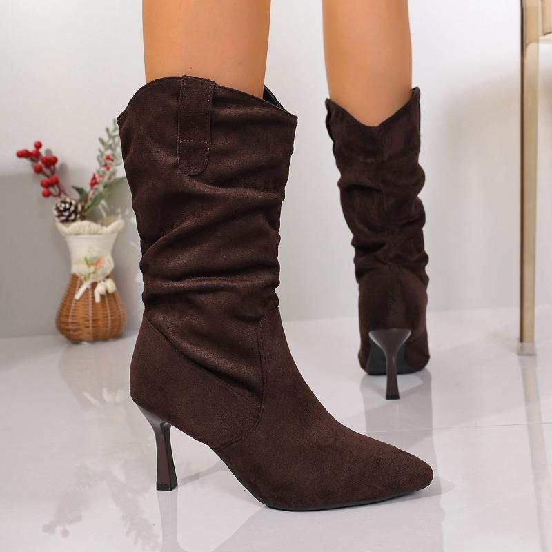 Big Size Pointed Toe High Heel Fashion Boots 2025 Winter New Pleated Mid-leg Boots for Women