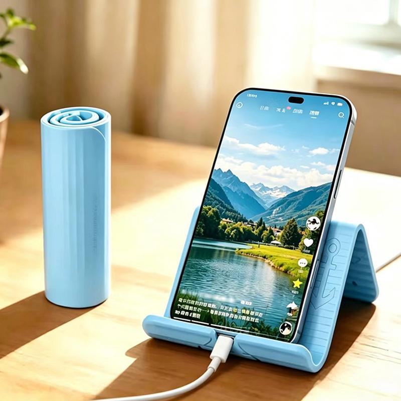 Portable Cell Phone Stand Foldable Adjustable Height Reserved Charging Hole for Home Office Desk Watching Drama Online Meeting