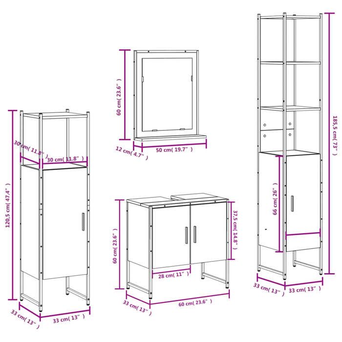 VidaXL Ensemble d’Armoires de Salle de Bain 4 pcs, Meuble-lavabo avec Étagère et Miroir, Armoire de Rangement de Toilette, 3214354