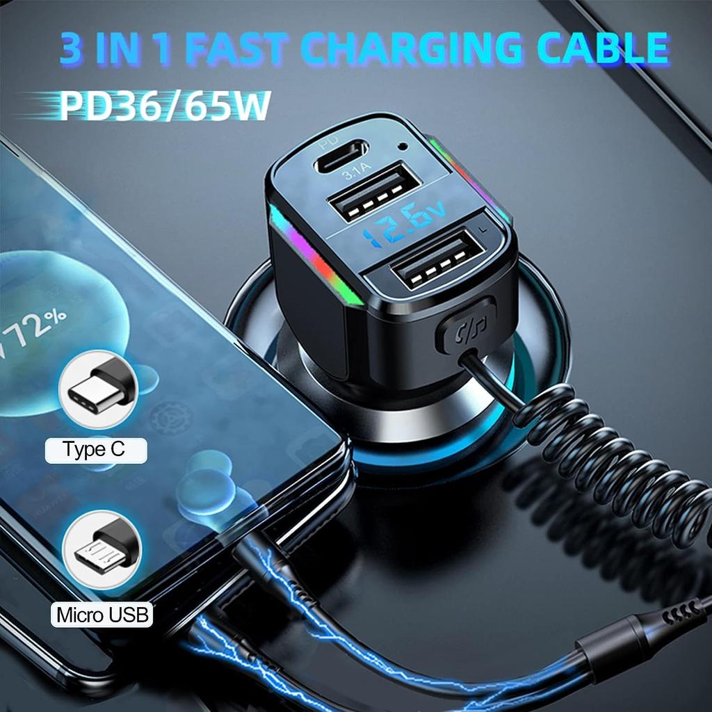 80W USB C Car Charger Cigarette Lighter and USB C Adapter, 3 Ports PD3.0 & QC3.0 Fast Car Charger Super Fast Charging with LED Voltmeter Car Device