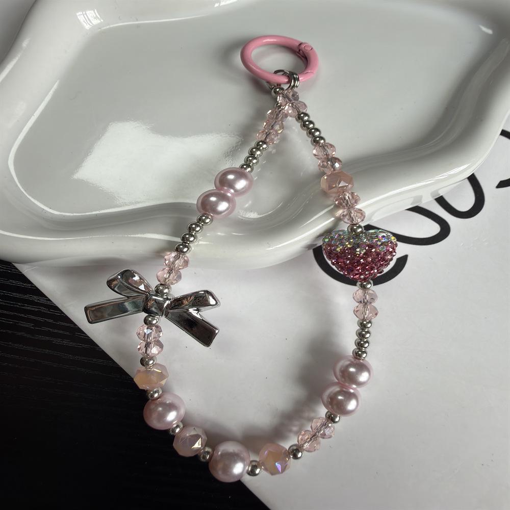 Heart Crystal Rhinestone Phone Chain with Bow - Luxury Keyring Lanyard