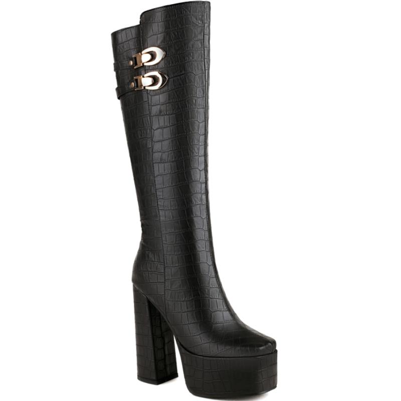 Black Knee High Boots For Women Platform Winter Shoes Green Heels Sexy Long Shoes Zipper Party Boots Lady Large Size