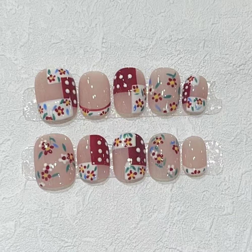 Summer Sweetheart Handmade Full Cover False Nails Kawaii Cartoon Cat Flower Cat Eye Short Square Reusable Fake Nail Stickers