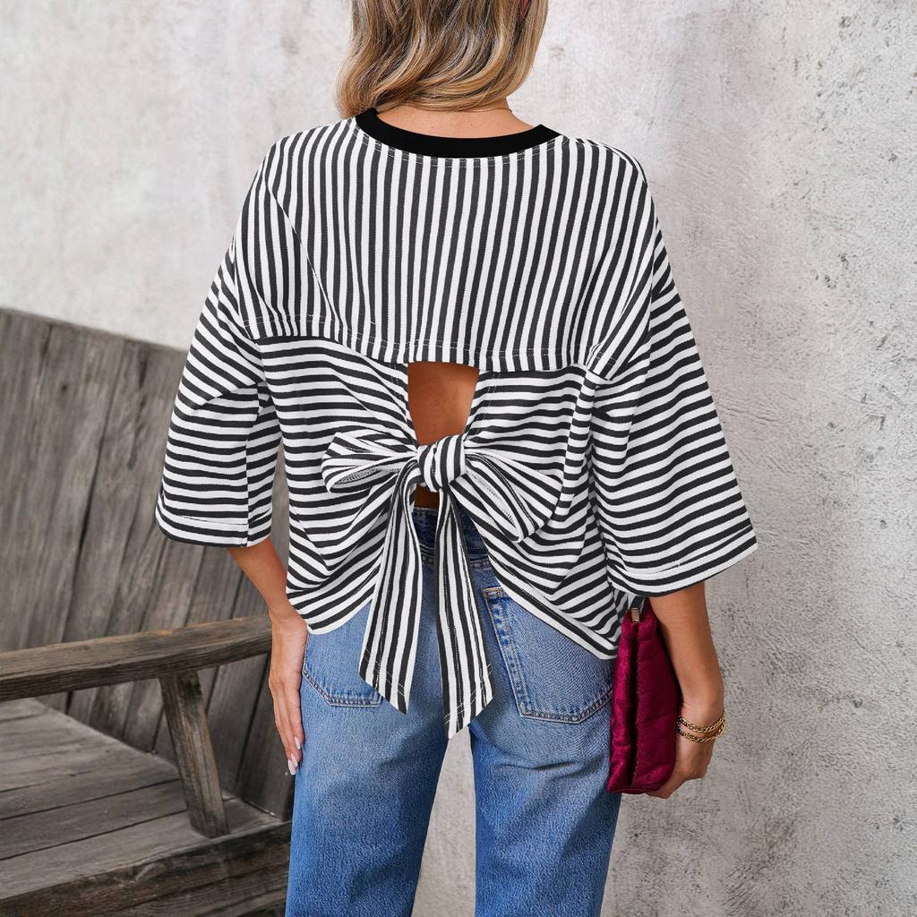 Damen Freizeit Pullover mit Streifen, Rundhalsausschnitt, Rückenausschnitt und Bindeband, Lockerer Schnitt, Modisches Oberteil für den täglichen Gebrauch