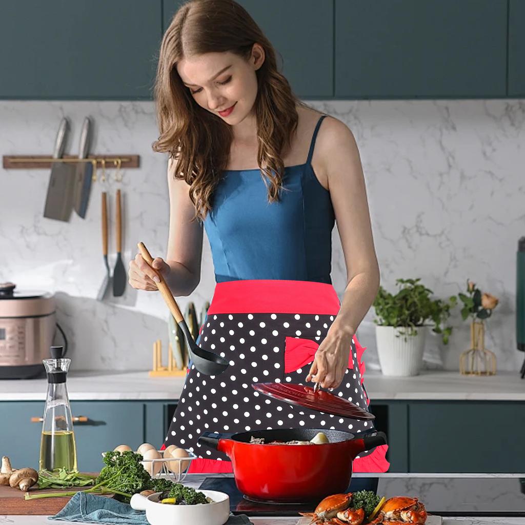 Small Dot For Women Cotton Half Apron Adjustable Waist Tie Machine Washable Kitchen Apron For Cafe Bakery Restaurant