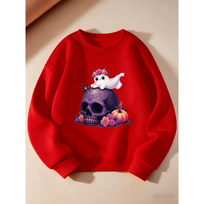 Girls' Fashion Long Sleeve Crew Neck Sweatshirt with Purple Skull Pumpkin Ghost Print | Casual, Slight Stretch Fabric, Regular Fit