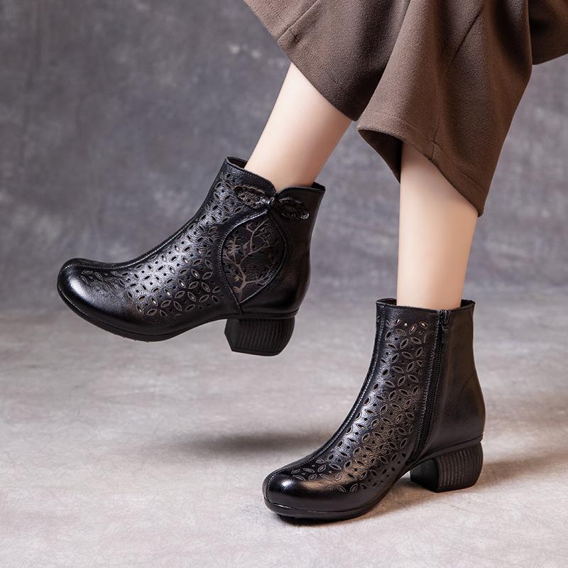 New hollow leather cool boots women's thick high heel retro short boots breathable hole soft sole mother high top sandals