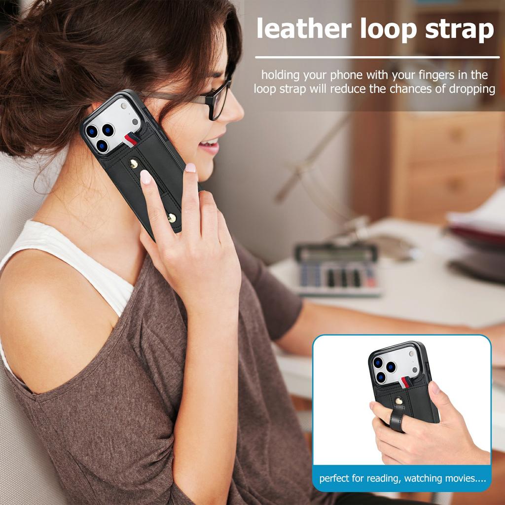 For iPhone 17 Pro Case PU Leather+TPU Hidden Card Holder Drop-proof Phone Cover with Kickstand
