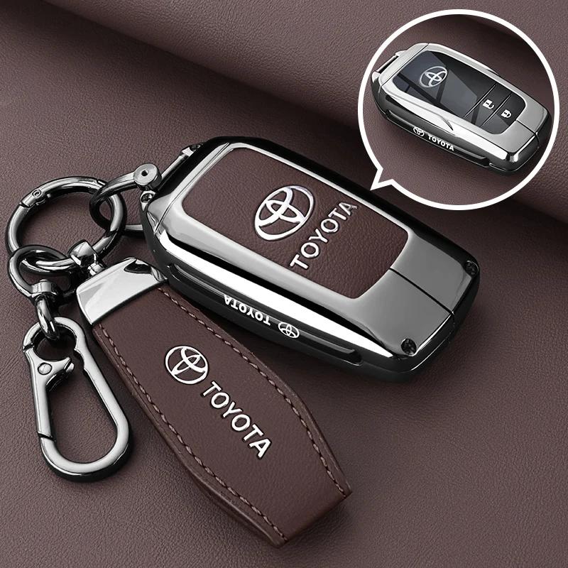 QHJS9 Zinc Alloy Leather Car Key Case Cover Shell for Toyota CHR Hilux Fortuner Land Cruiser 200 Camry Corolla Crown RAV4 Highland