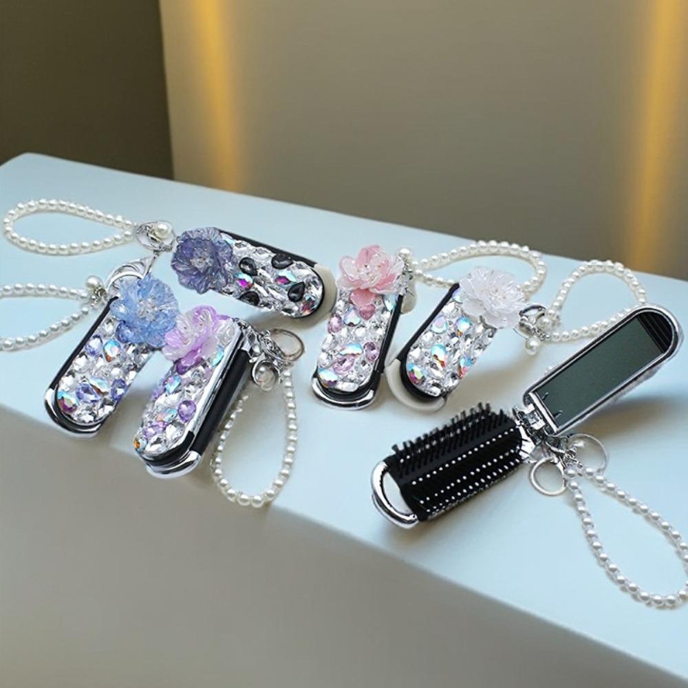 

2 in 1 Comb Mirror Set Keychain Glitter Rhinestone Massage Comb with Mirror Travel style 1