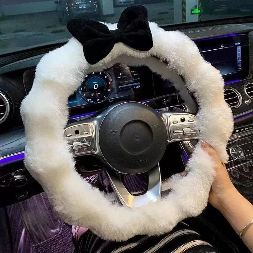 Cute Fluffy Steering Wheel Cover Bow Design Anti Slip Steer Wheel Protector Wave Shape Soft Steering Cover Girls Car Decoration