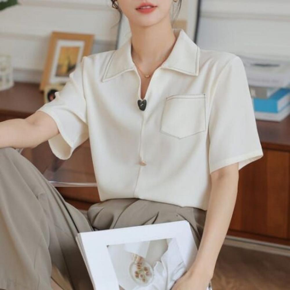 Navava Vintage Stylish Button Collar Short Sleeve Blouse Nb2603