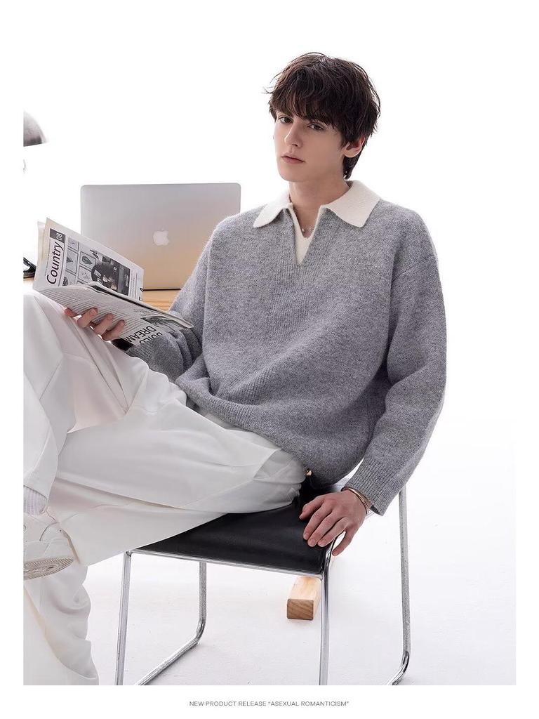 Unisex British-Style Heavyweight Sweater: Two-Piece Look, Lapel Design, Trendy and Versatile for Autumn/Winter.