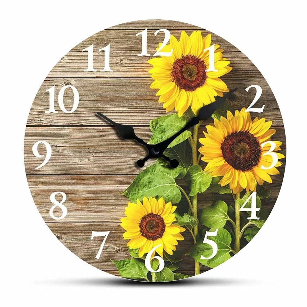 Wooden Retro Sunflower Clock Modern Round Silent Wall Clock Non-Ticking Hanging Wall Decor Clocks Bathroom