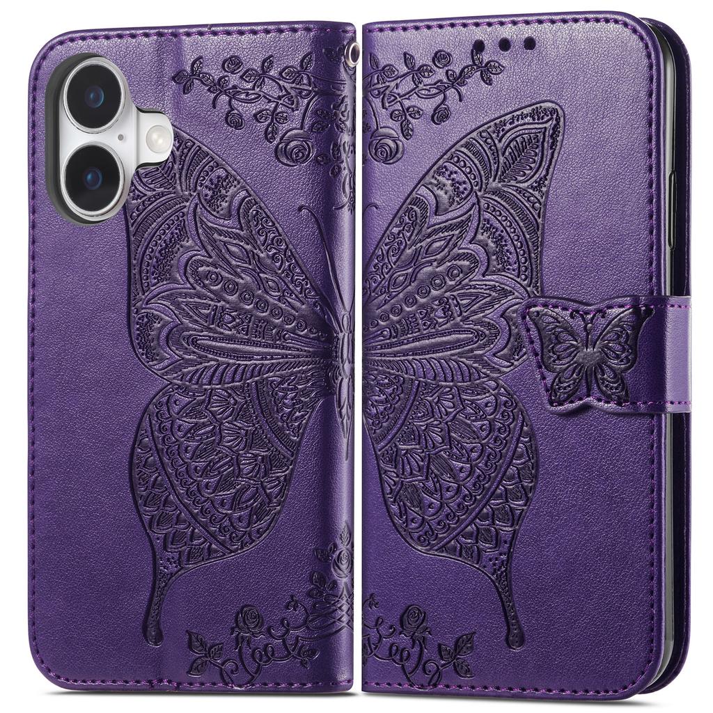 For iPhone 17 Case with Strap Butterfly Pattern PU Leather Wallet Phone Cover