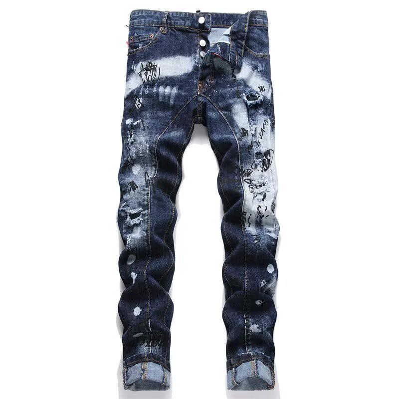 Jeans Skinny Stretch in Denim Strappato High Street da Uomo con Toppa Ricamata Stile Vintage