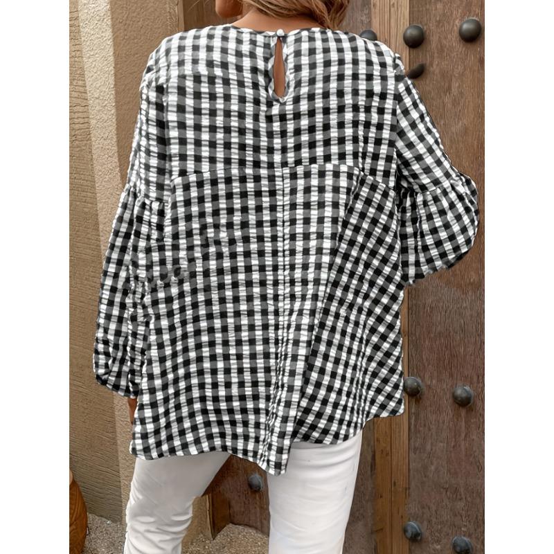 Loose Fit Plaid Lantern Sleeve Round Neck Blouse For Women