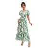 Cross-Border Holiday Style Coconut Tree Print V-neck Puff Sleeve Elastic Waist Hugging Slimming Patchwork Short Sleeve Dress Long Dress Women