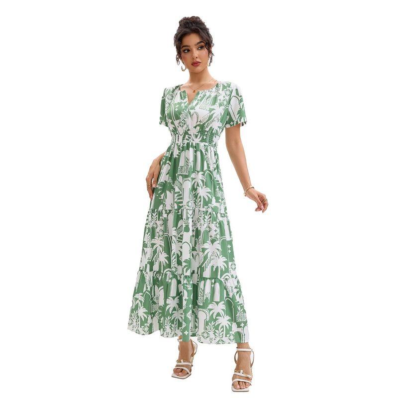 Cross-Border Holiday Style Coconut Tree Print V-neck Puff Sleeve Elastic Waist Hugging Slimming Patchwork Short Sleeve Dress Long Dress Women